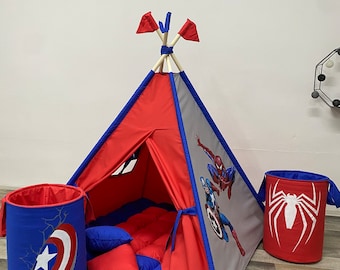 Superhero-themed teepee tent, cotton indoor playhouse, childrens outdoor tepee