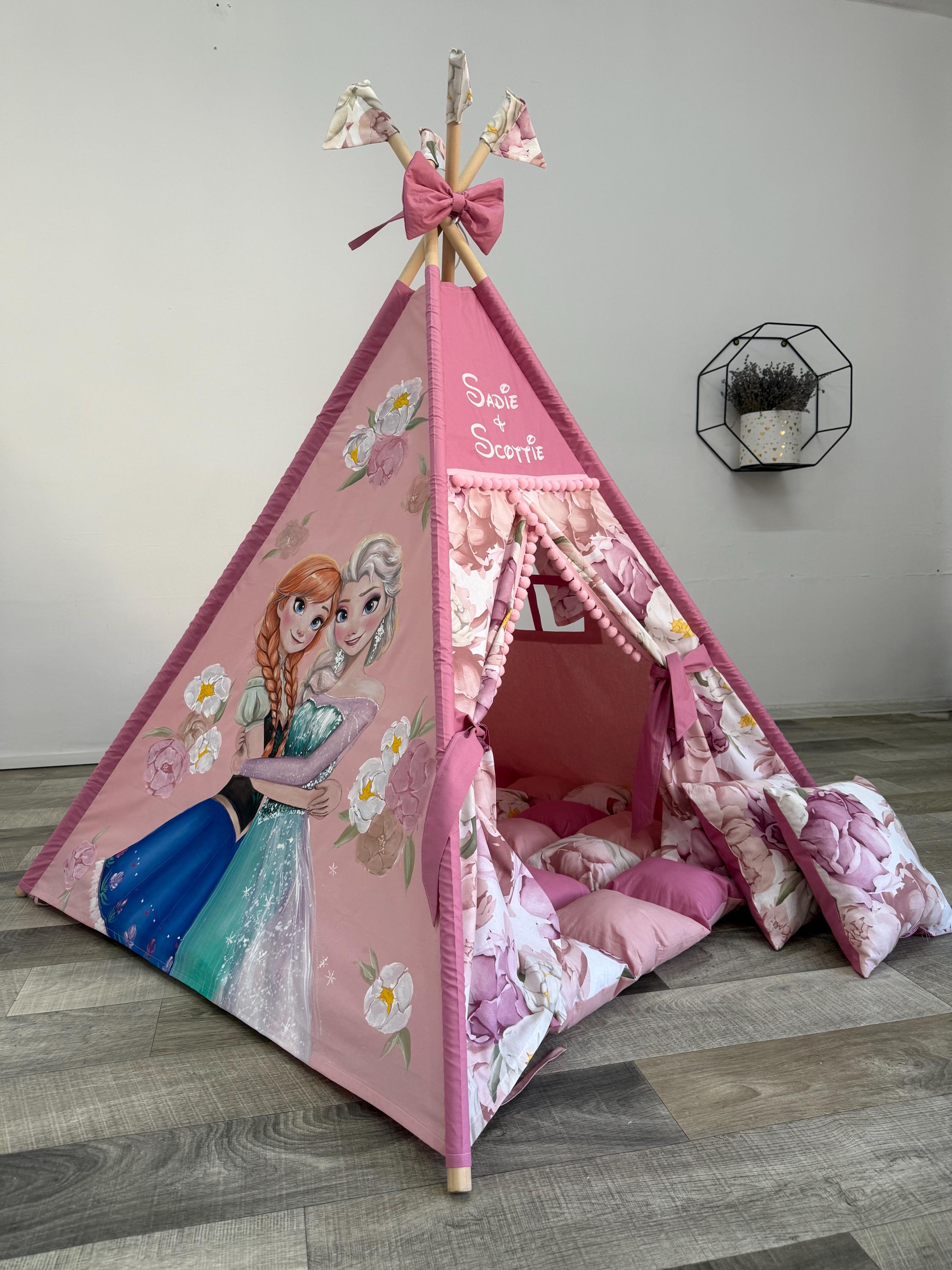 Hand Painted Frozen teepee, Anna and Elsa Tent, Kids Play Tent, Handmade cotton indoor playhouse, tipi zelt kinder