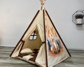 Handgemachtes Tipi für Kinder mit Handzeichnung Fuchs, Indoor-Spielhaus aus Baumwolle, Kinderzelt, Tipi mit Fuchs, Tipi-Zelt Kinder