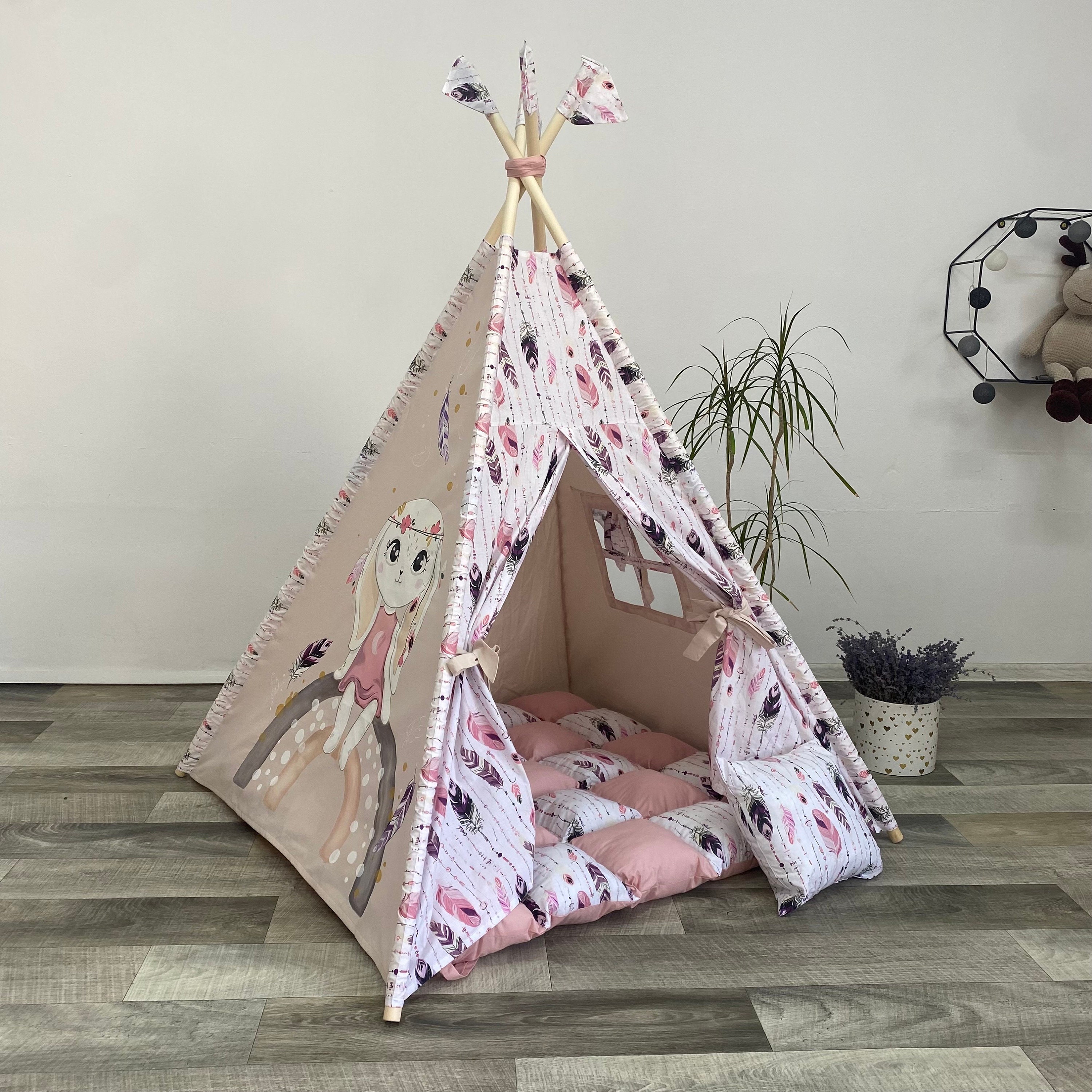 Personalized handmade cotton tipi tent for girls with rabbit and eleph –  LilyForKids