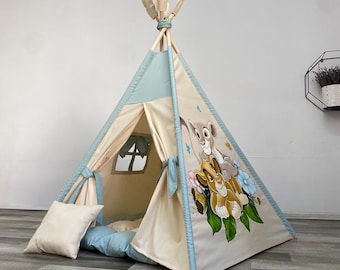 Teepee tent for kids with hand drawing Lion King, cotton indoor playhouse, childrens outdoor playhouse, tipi zelt kinder