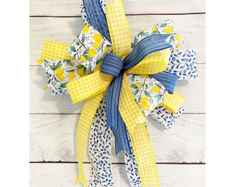 Spring Lemon Bow for Wreath, Yellow and Blue Floral Bow for Lantern, Summer Bow for Tree, Mothers Day Gift Bow, Large Gift Bow for Her