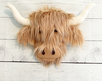 Rustic Highland Cow Door Hanger, Handmade Furry Wall Decor