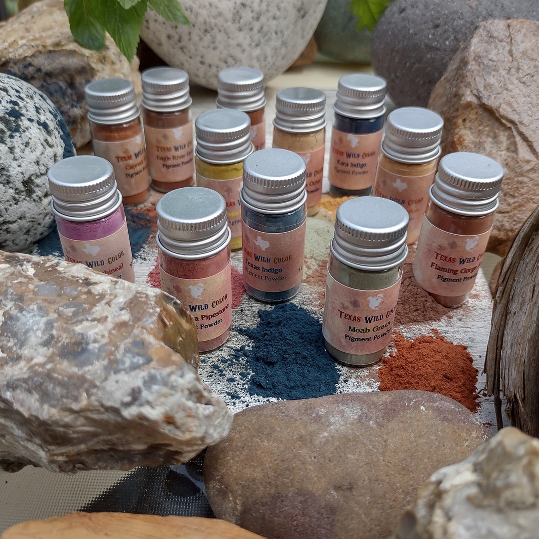 Close-up of a palette featuring wild foraged pigments in various natural tones