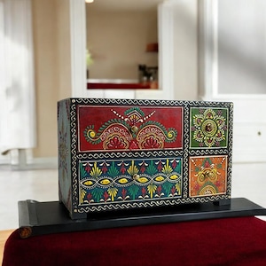 Wooden Multi color 4 Drawer Jewellery Box Trinket Storage Compartment Storage Hand painted Keepsake Chest of Drawers Bohemian Style Gift