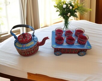 Hand-painted Indian Tea Kettle Set: Floral Aluminum Teapot,