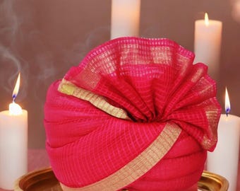 Magenta Pink Silk Wedding Turban: Indian Baraat Safa, 23 inch