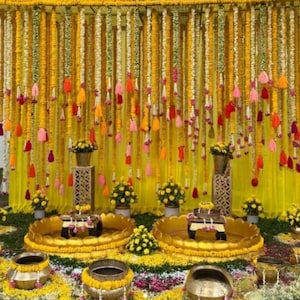 6ft Marigold Flower Garland (BUFFED) with Lilliy Hangings for Indian wedding decoration, Temple Decoration, Stage, Diwali Haldi Decoration