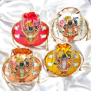 Gold Gift Ideas Shrinathji Digital Print Potli Bags for Gift, Sahagun Potlis, Traditional Purse for Ladies, Potli Pouches with Pearl Handle