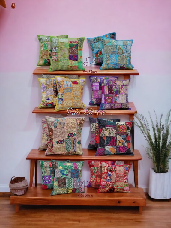 Cuscino Da Terra Indiano Vintage Khambadiya, Fodera Rotonda In Cotone Bianco 55x55 Cm, Patchwork Ricamato, Solo Copertina Con Zip, Inserto Non Incluso