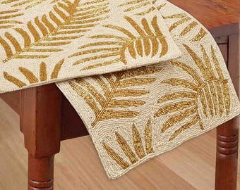 Designer Golden Leave Shape Beaded Table Mate for Living and Dining Area (Gold)