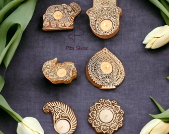 Tea Light Holder Wooden Candle Holder Diwali Gift Diwali Decoration Indian Wooden Block Wood Candle Holder Henna Block Print Designs