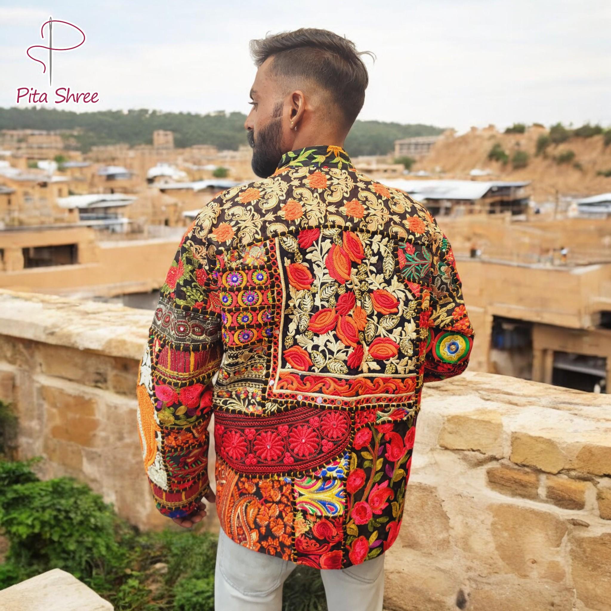 ジャケット・アウター ETHNIC PATCHWORK DESIGN NOCOLLAR JACKET Junya Watanabe Man: Men's Patchwork Jacket (Black/Mix