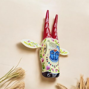 Wooden Handpainted Cow Head, Bull Head, Hand painted Indian Nandi, Indoor, Outdoor, Good luck, Fortune cow head, Entrance way, home decor