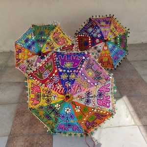 Embroidered Elephant Umbrella: Indian Wedding Decor, 24&quot; Cotton Parasol