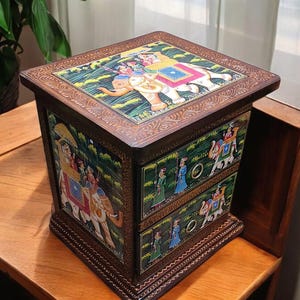 Wooden Hand painted Corner Stand with Drawer Side Table Pedestal Stand Unique Indian Art Living room Furniture Wood Bedside Table nightstand