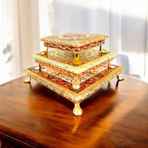 Wooden Bajot Chowki | God Idol Stand | Mandir Decor | Indian Puja Chowki | Hindu Wedding Bajot Table | Indian Puja Chowki Set, Gift