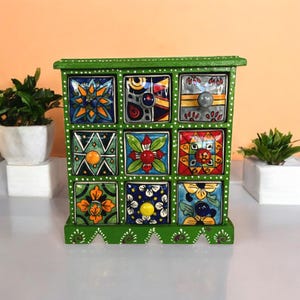 Wooden Painted Ceramic Drawer, Trinket Box, 9 Small Compartment Chest of Drawers, Handmade Wooden Drawer for Home and Restaurant Decor