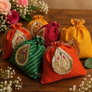 Puede incluir: Un conjunto de seis bolsas con cordón en tela naranja, verde, amarilla y roja oscura con rayas metálicas diagonales. Cada bolsa presenta un aplique central en forma de lágrima con bordados dorados, lentejuelas y flores.