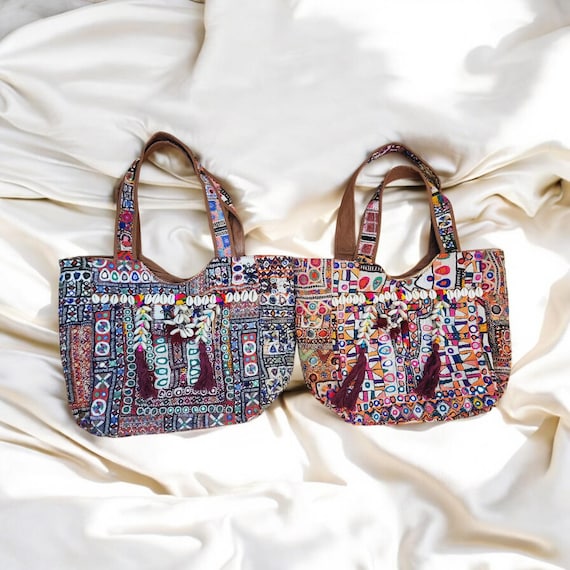 Bolso tote vintage bordado, bolso grande bordado reciclado, estilo