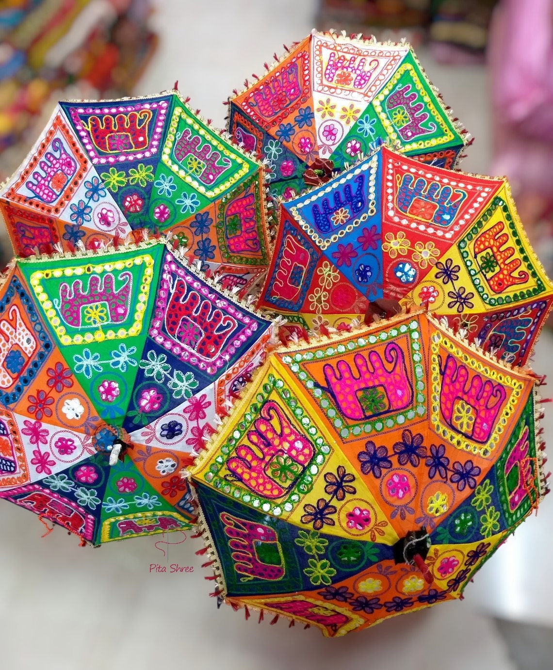 Handmade Embroidered Elephant Umbrella: Indian Wedding Decor, 24"