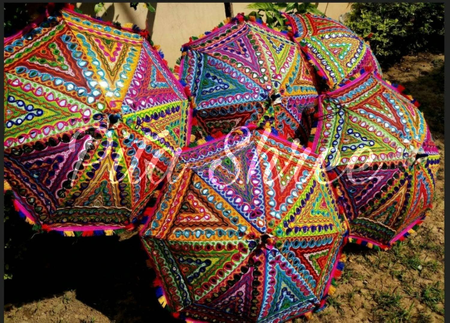 Embroidered Indian Umbrella: Handmade Cotton Mirror Decor (24 inch)