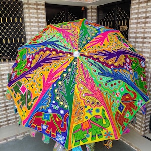 Indian Garden Umbrella Sun Shade Patio Elephant Umbrella Cotton Outdoor Fabric Decorative Sun Tapestry Umbrella