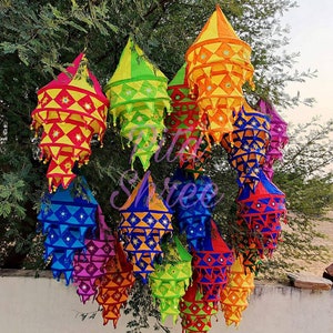 Mix Lot Indian Wedding Decor Lanterns Collapsible Lamps Colorful Hangings Garden Chandeliers Handmade Fabric Lamp