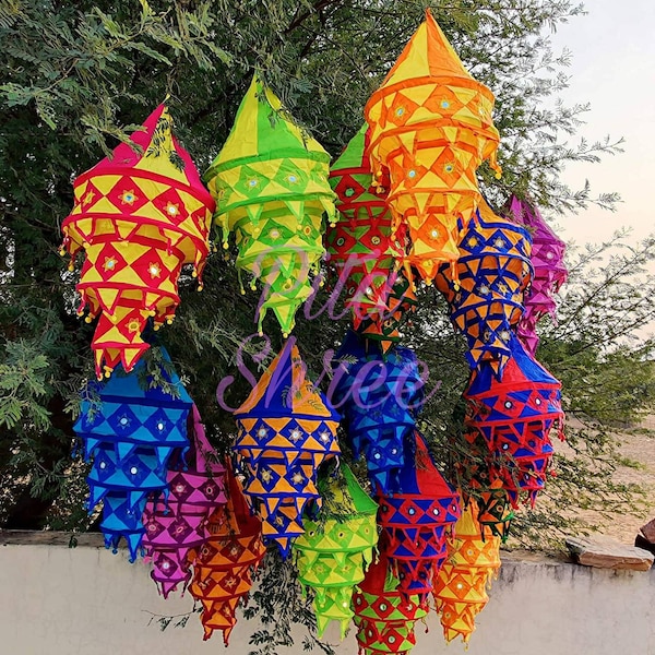 Mix Lot Indian Wedding Decor Lanterns Collapsible Lamps Colorful Hangings Garden Chandeliers Handmade Fabric Lamp