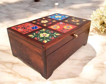 Handmade Wooden Jewelry Box: Vintage Ceramic Tile Lid, Oriental Floral Design