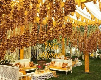 Indian Wedding Decor Mehndi Decoration Party Backdrop haldi decoration Gold Gota Lace Garlands Gold Wedding Garlands Ceiling decor