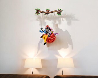 Metal Radha Krishna Swing Wall Decor: Embossed Indian Handicraft