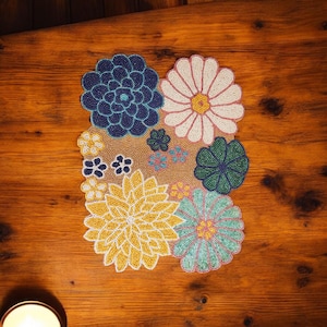 Handmade blue, yellow floral Beaded table  Placemats | Pastel Hand Embroidery Diner Table Topper, Christmas home decor gift