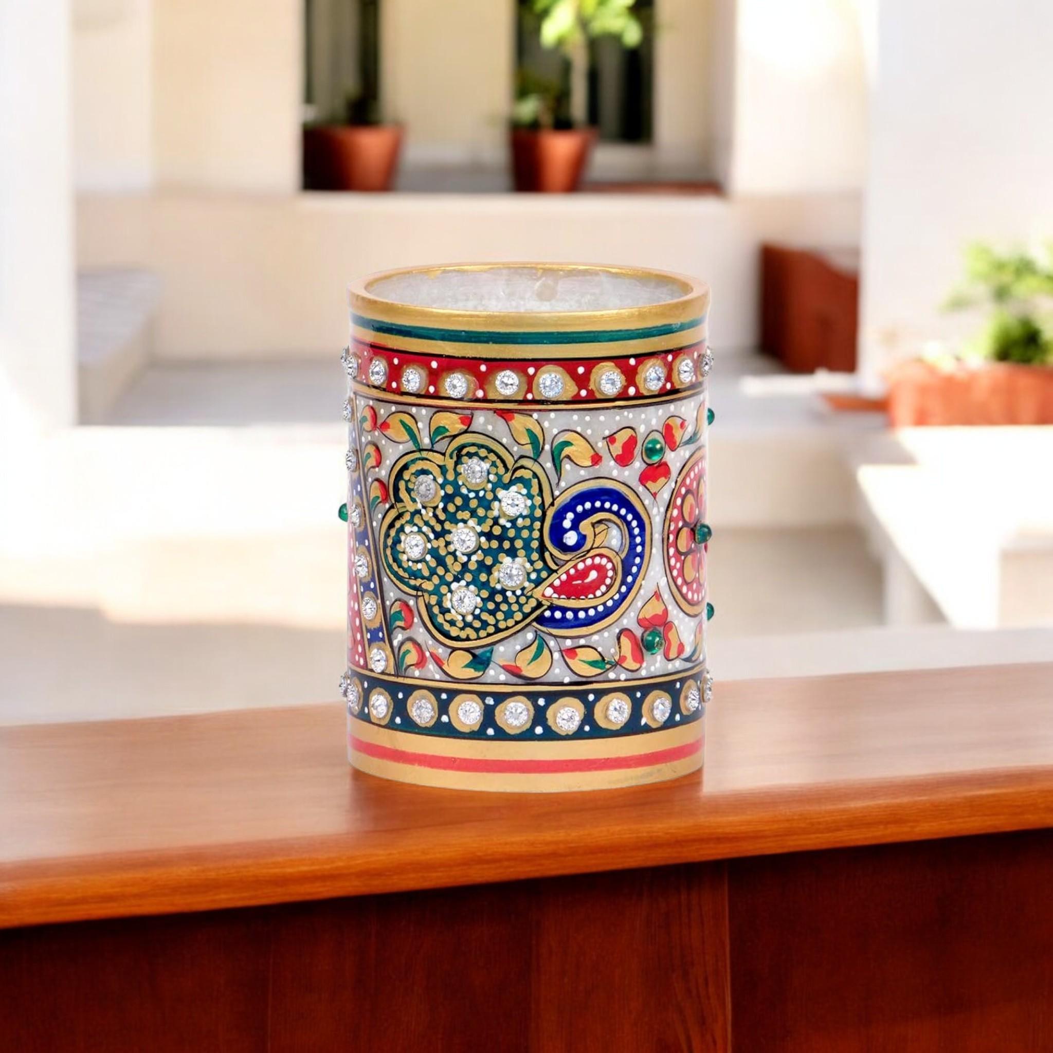 White Marble Pen Stand With Rajasthani Meenakari Painting Pen