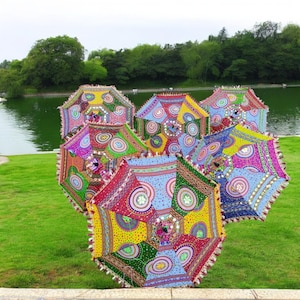 Decorative Indian Hand Embroidered Cotton Umbrellas Ethnic Sun Protected Parasol Umbrellas Wedding