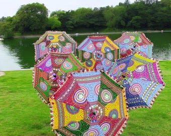 Decorative Indian Hand Embroidered Cotton Umbrellas Ethnic Sun Protected Parasol Umbrellas Wedding