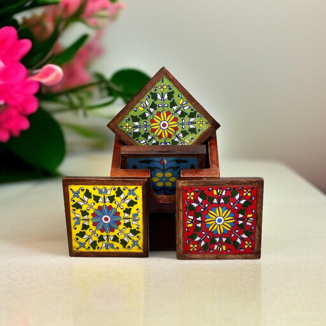 Hand-painted Wooden Tile Coaster Set With Stand: Indian Handicraft - Etsy