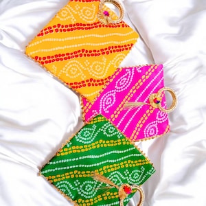 Handcrafted Embroidered Bandhej Clutch: Indian Wedding Favor Bag
