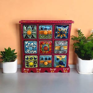9 drawer home decor box, art box storage, hand-painted chest box, wooden ceramic drawers, boho style drawer box, trinket box for home decor