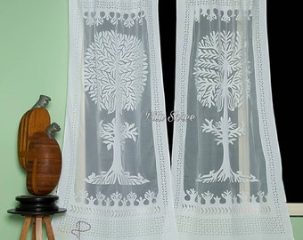 White Tree of Life Curtain: Applique Cutwork Organdy Cotton