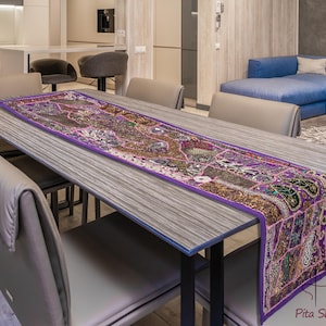 Indian Beaded Table runner throw tapestry wall hanging Rare sari beaded patch work embroider heavy patch work Indian hand made