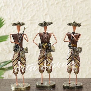 Handcrafted Wrought Iron Musician Statue: Exquisite Indian Traditional Decor Traditional Statue Figurine Rajasthani men
