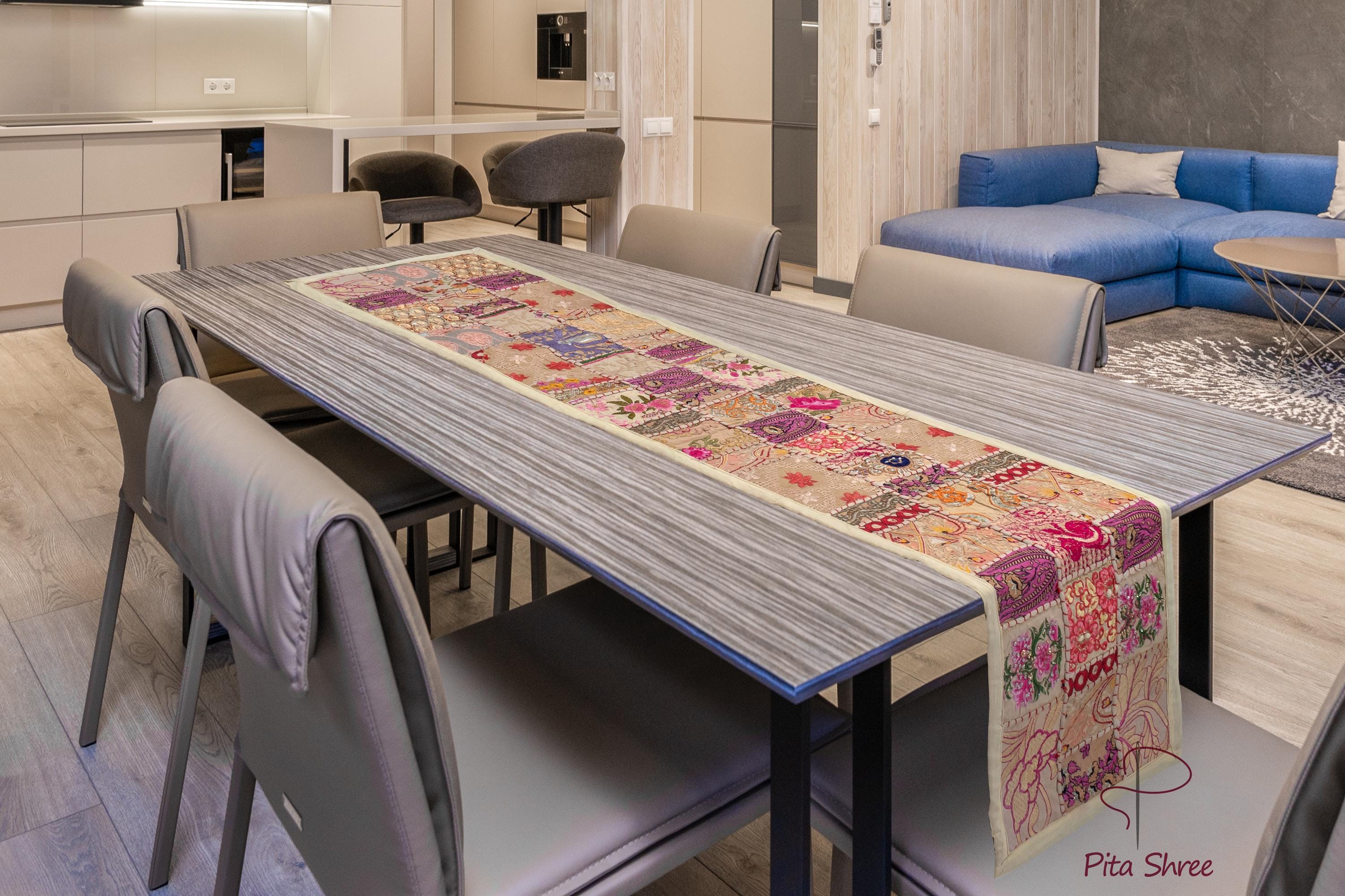 Patchwork Dinning Table Runner, Embroidered Vintage Sari Patchwork Table Linen, Indian Tapestry Home Decor Table Cover