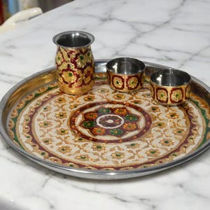 Indian Pooja Thali Set Wedding Puja Thali, Karvachauth Pooja thali, Stainless Steel Puja Thali, Minakari Pooja plate, Home Aarti thali