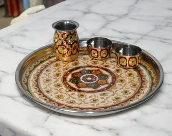 Minakari Pooja Thali Set: Handmade Stainless Steel Aarti Plate