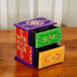 Houten Multicolor Ladekast 2 lades Sieradendoos Houten kist Trinket Opslag Aandenken Opbergkist Opbergvak Boho-stijl