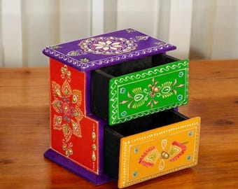 Handmade Wooden Jewelry Box: Boho Painted 2-Drawer Chest Organizer for , Earrings, Dressing Table Decor