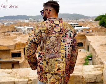 Handgemaakt Zari-patchworkjack: geüpcycled jack met kralen, maat L/XL, kleine baggy