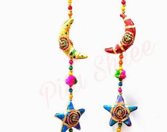 Moon Stars Cotton Stuffed Rajasthani Traditional Handicraft Decorative Hanging Pair Ladi Latkan.