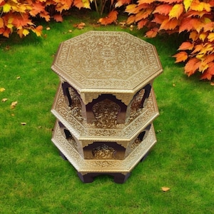 Handmade Indian Wooden Brass Chowki Set: Pooja Altar Table, Home Decor